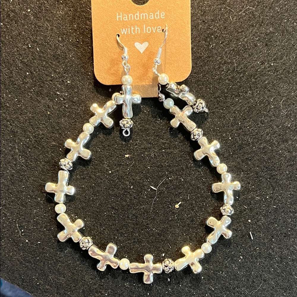 Handmade Silver Cross Charm Bracelet and Earring Set
